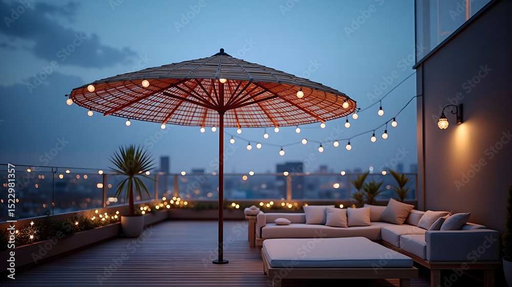 Fototapeta premium Terrace Umbrella with String Lights at Dusk 