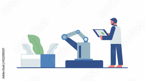 A visionary engineer controlling a modern robotic arm with a tablet amidst a clean tech office with minimalist