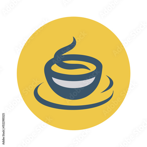 Yellow round icon with steaming tea cup