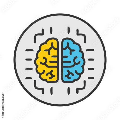 Brain halves icon with yellow and blue schematic on gray circle