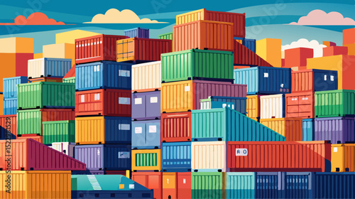Colorful Shipping Containers Stacked at Port During Sunset – Logistic and Cargo Concept