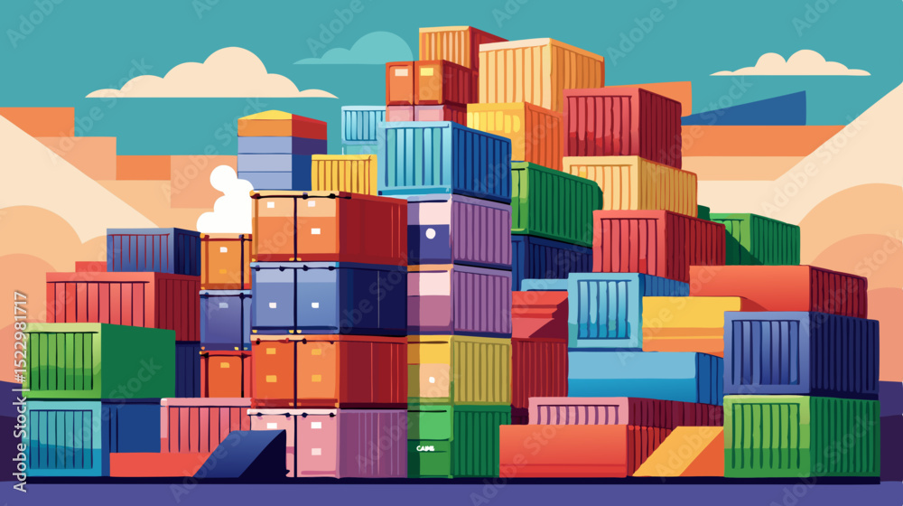 Fototapeta premium Colorful Shipping Containers Stacked at Port During Sunset – Logistic and Cargo Concept