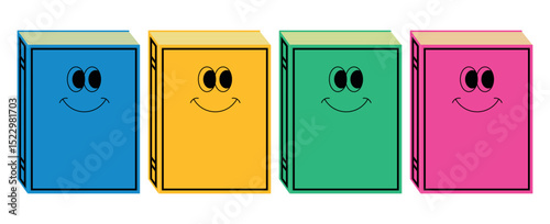 Set of smiling books with eyes and mouth. Soon to school. Cute character for bookstores, educational courses, libraries. Isolated vector illustration.