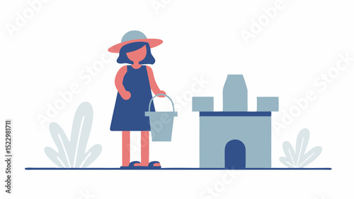 A sunny day at the beach building a whimsical sandcastle evokes carefree summer childhood joy with bright flat