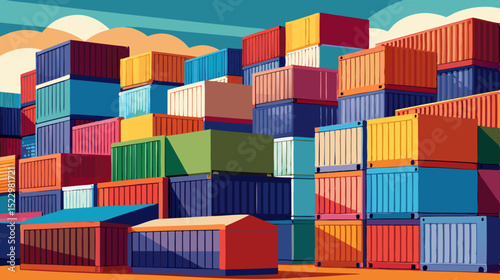 Colorful Shipping Containers Stacked at Port During Sunset – Logistic and Cargo Concept