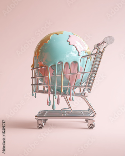 Melting Earth globe in shopping cart representing climate crisis, global warming, environmental destruction, overconsumption, and the impact of consumerism on the planet