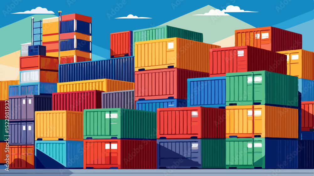 Obraz premium Colorful Shipping Containers Stacked at Port During Sunset – Logistic and Cargo Concept