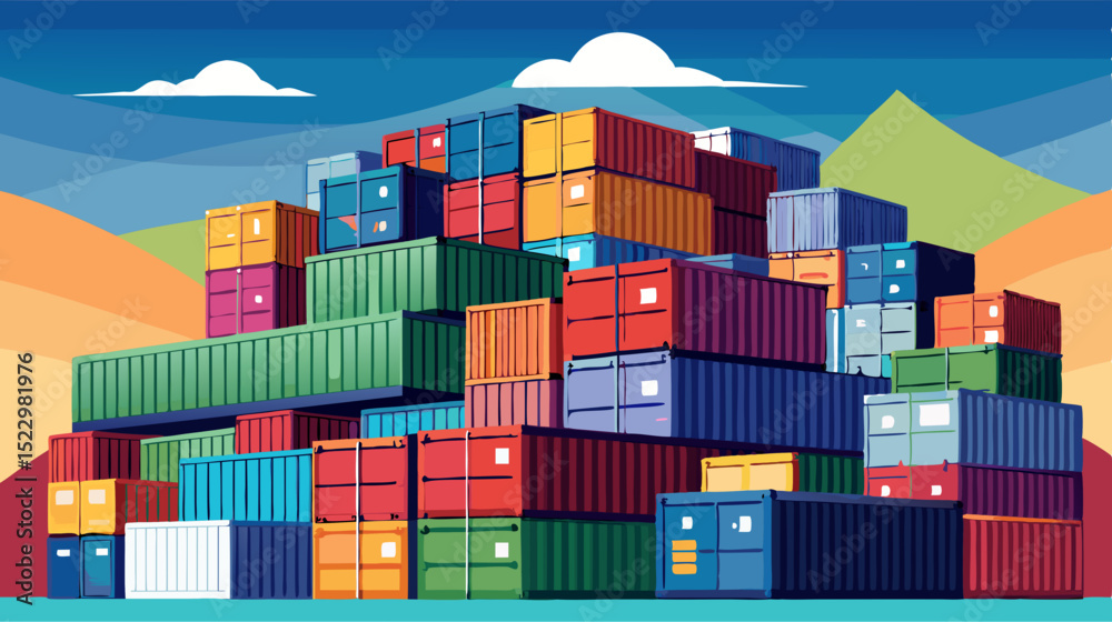 Fototapeta premium Colorful Shipping Containers Stacked at Port During Sunset – Logistic and Cargo Concept