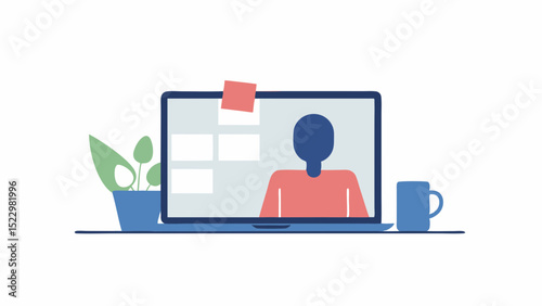 Connecting remotely with colleagues during work from home using a laptop and online meeting platform with flat