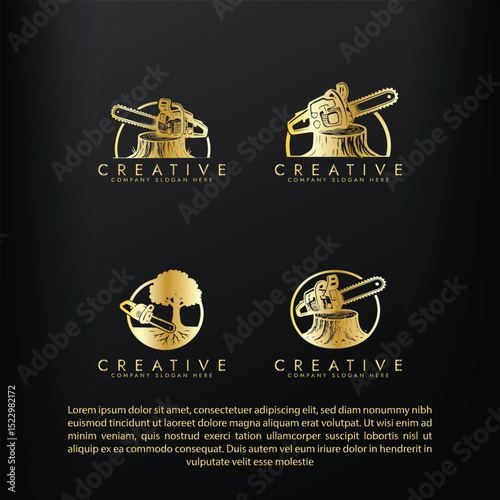 chainsaw logo tool ,Chainsaw and Tree Stump Emblem vector illustration logo design