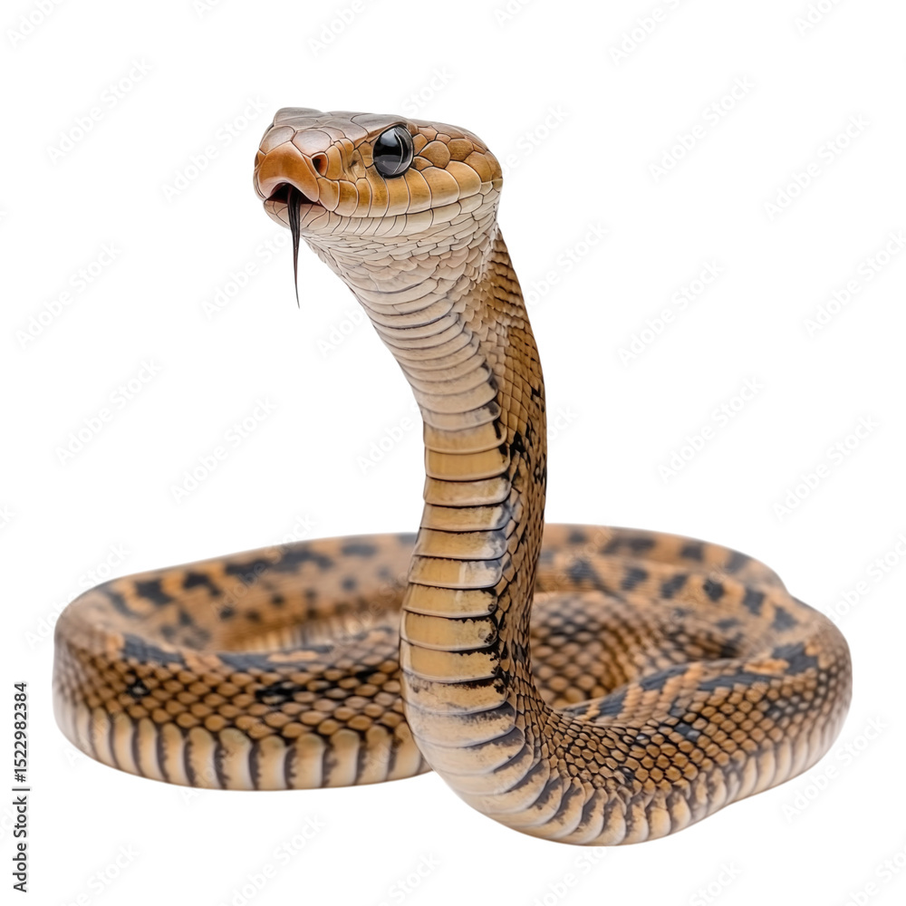 Fototapeta premium Brown snake with raised head displays warning posture on white background, transparent background, cutout PNG