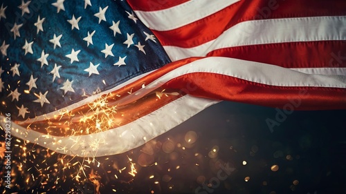 US flag on background of fireworks in yellow orange and red lights. Independence day celebration concept, 4th of july america, sunrise and fireworks.