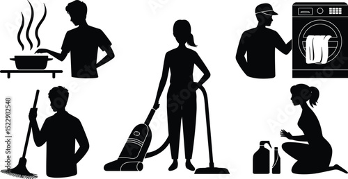 Household chores silhouette vector illustration, people cooking, vacuuming, cleaning, mopping, doing laundry