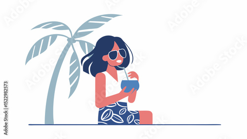 A relaxed woman enjoying a refreshing coconut drink by a palm tree soaking up the summer sun with flat vector