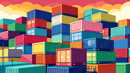 Colorful Shipping Containers Stacked at Port During Sunset – Logistic and Cargo Concept