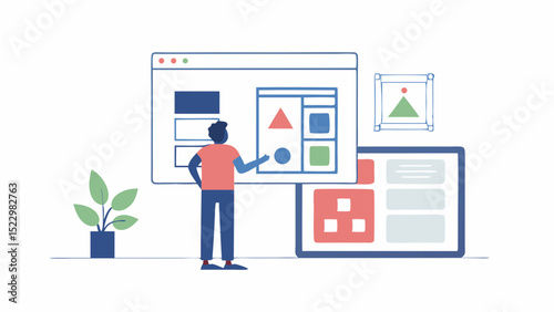 Visualizing a designer crafting digital layouts with web elements and abstract shapes in pastel tones and