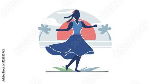 A carefree woman dances at sunset celebrating summer joy on a tropical getaway with stylized design and