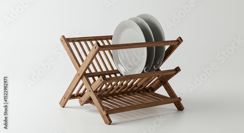 Wooden dish drainer with white plates