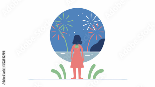 A child in pink dress watches vibrant fireworks light up the night sky symbolizing hope and wonder in a