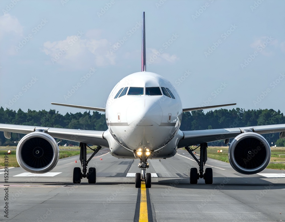 Naklejka premium Airplane taxiing on runway, front view. Ready for takeoff or landing.