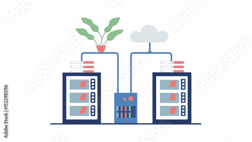 A flourishing digital ecosystem with vibrant servers cloud connection and natural growth in flat vector style