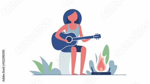 Serene campfire melodies as a woman plays guitar under the stars enjoying nature with flat vector shapes and
