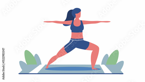 Empowered woman in Warrior II pose embracing inner strength on yoga mat in a minimalist vector art style with