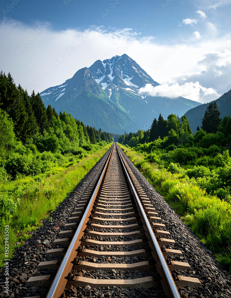 Fototapeta premium Empty train tracks surrounded by lush greenery leading toward a mountain in the distance.