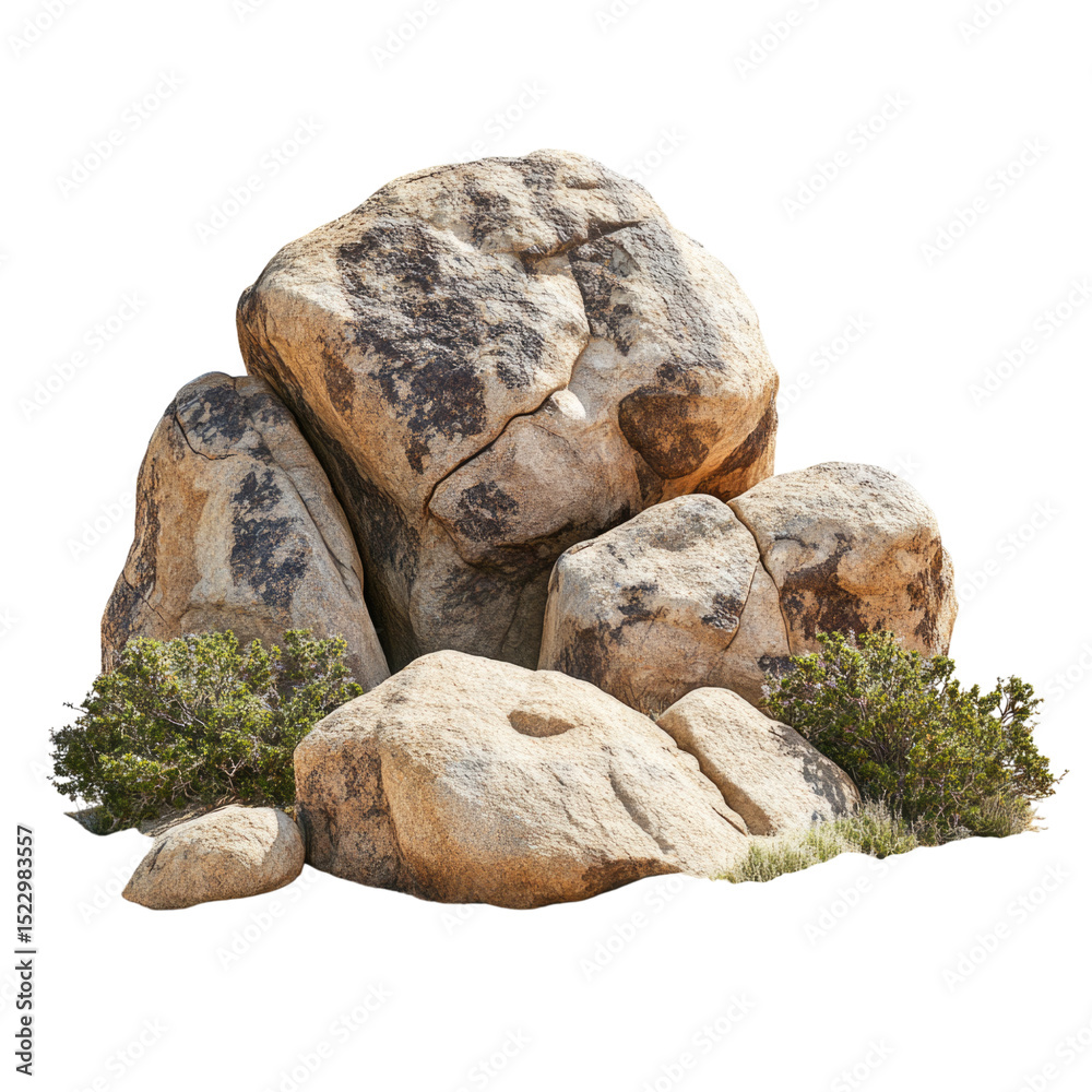 Fototapeta premium Large boulders and smaller stones surrounded by desert shrubbery in a natural setting transparent background, cutout PNG