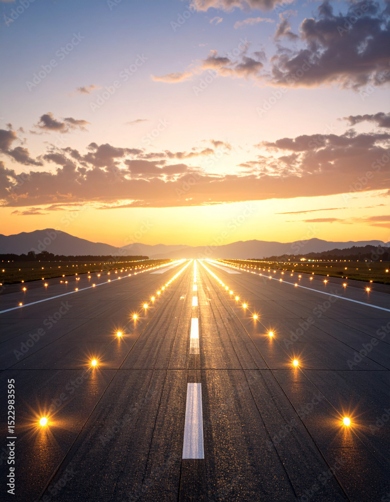 Obraz premium Empty airplane runway with yellow guiding lights illuminated at dawn under soft orange skies.