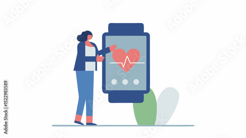 Woman monitoring her heart health with wearable technology on a simplified digital illustration with a clean