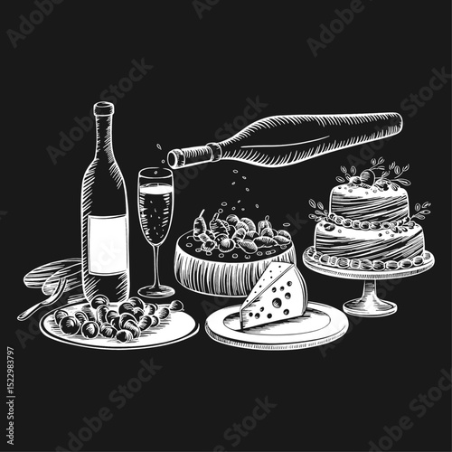 Hand-Drawn Chalkboard Style Illustration of a Celebration Feast with Wine, Champagne, Cake, Cheese, and Fruit on a Black Background. Perfect for Menus, Invitations, and Food-Themed Designs