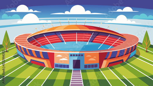 Modern Football Stadium Illustration with Green Field and Seating Area

