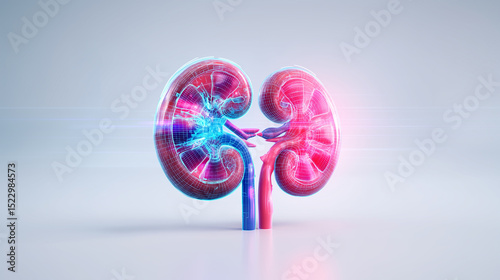 Futuristic digital kidney visualization with holographic medical technology interface
