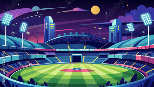 Modern Football Stadium Illustration with Green Field and Seating Area

