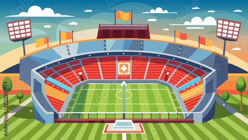 Modern Football Stadium Illustration with Green Field and Seating Area

