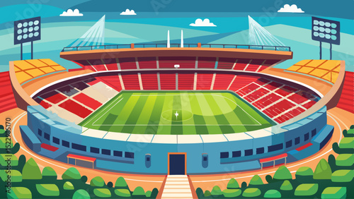 Modern Football Stadium Illustration with Green Field and Seating Area

