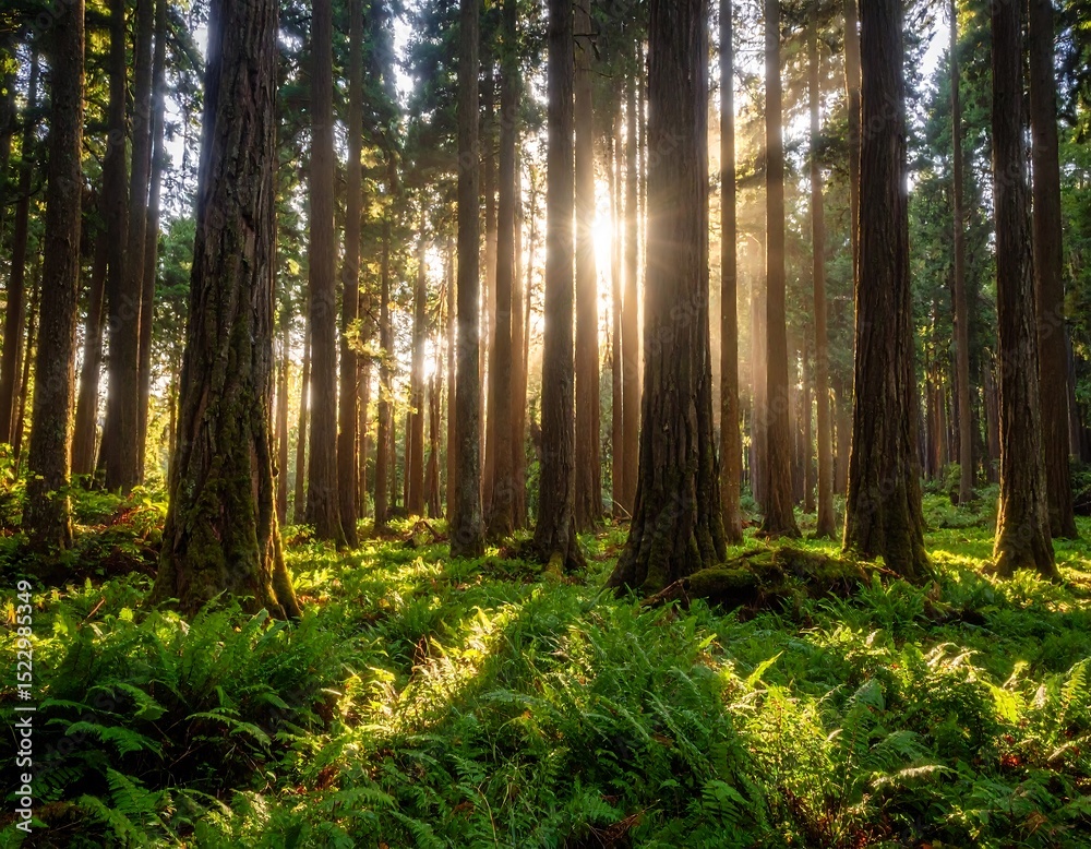 Obraz premium Sunlight streams through towering forest