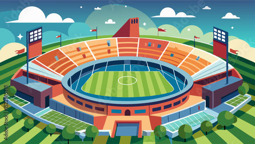 Modern Football Stadium Illustration with Green Field and Seating Area


