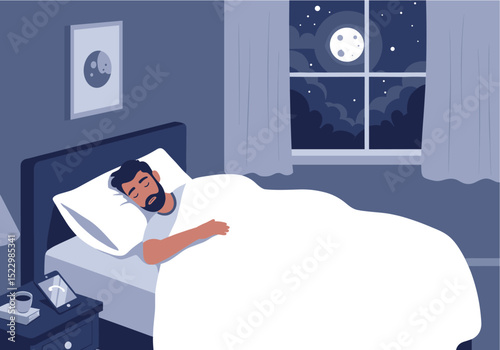 Flat vector of a person sleeping peacefully in bed with moonlight from window