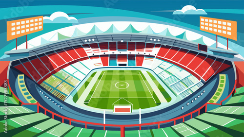 Modern Football Stadium Illustration with Green Field and Seating Area

