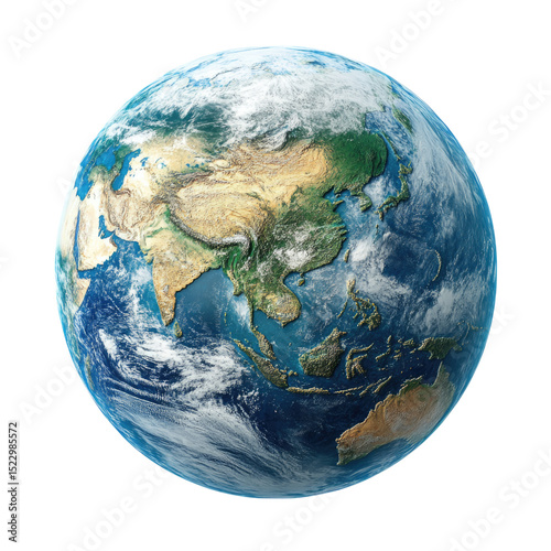 Earth globe showing Asia and Australia with realistic texture and vibrant colors transparent background, cutout PNG photo