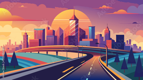 futuristic urban skyline with elevated highway at sunset vector