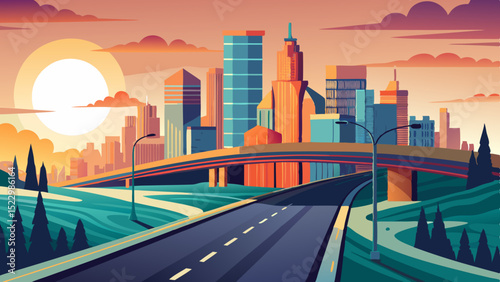 futuristic urban skyline with elevated highway at sunset vector