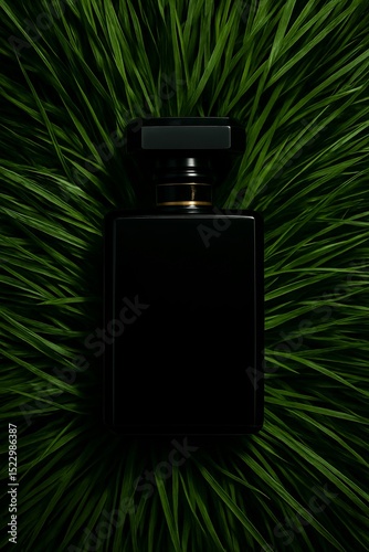Elegant Black Perfume Bottle nestled in Lush Green Grass Leaves a refreshing natural scent