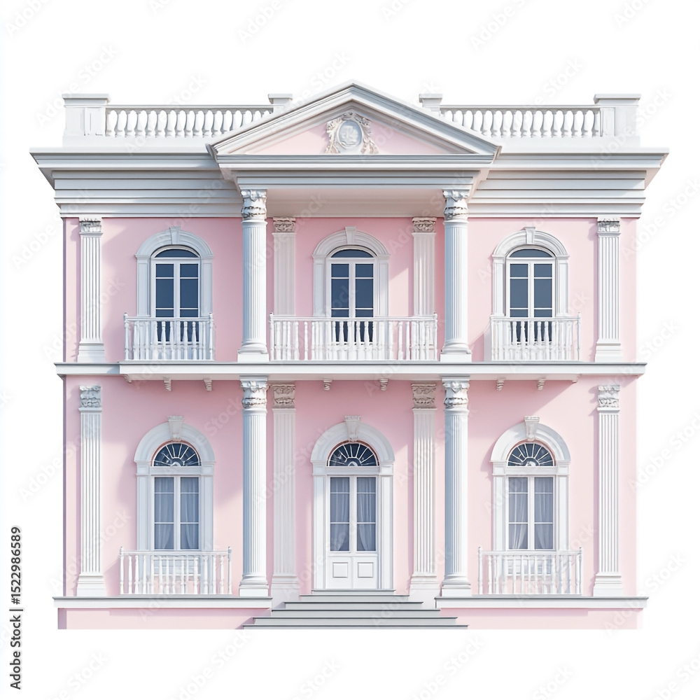 Fototapeta premium Elegant pink classical mansion facade isolated on white background architectural illustration featuring columns balconies and windows