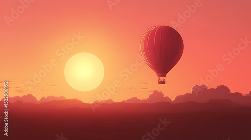 Hot air balloon ascends over a sun-drenched landscape.
