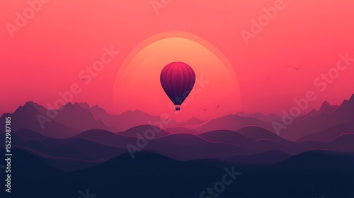 A hot air balloon floats above a sunset landscape.