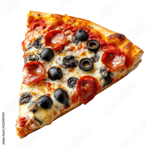 Delicious slice of pepperoni and black olive pizza with cheese on a crusty base, transparent background, cutout PNG