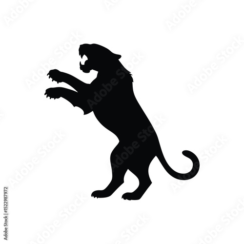 silhouette of rearing tiger black on white background